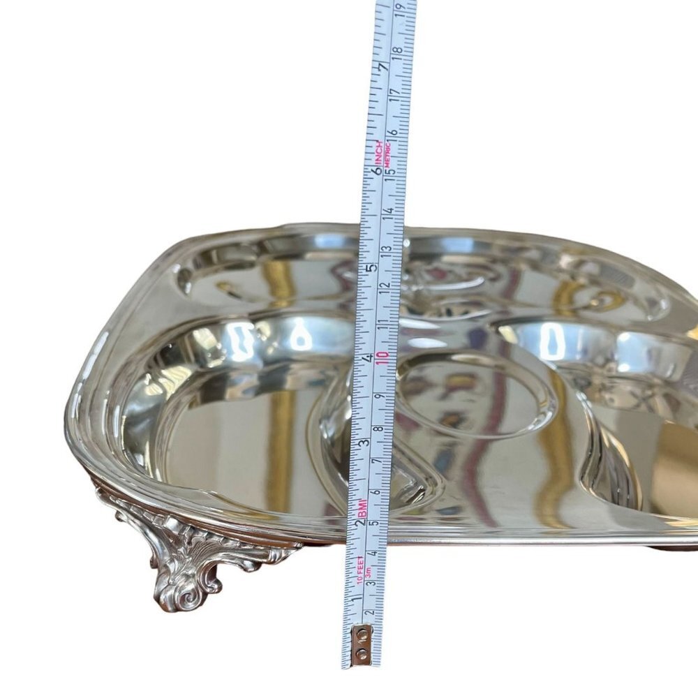 Silver Plated Footed Meat Platter Tray With Compartments and Juice Vein Well - Picture 7 of 8